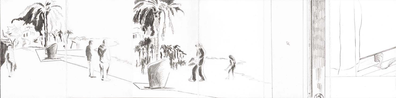journey 2, Bleistift auf Papier, 6-seitig auf 10-seitigem Leporello (offen 15 x 98 cm / geschlossen 15 x 10 cm), 2014 (v)