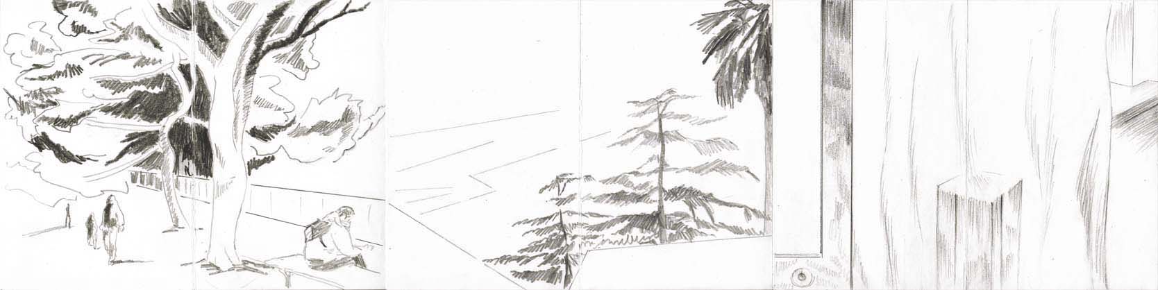 journey 3, Bleistift auf Papier, 6-seitig auf 10-seitigem Leporello (offen 15 x 98 cm / geschlossen 15 x 10 cm), 2014