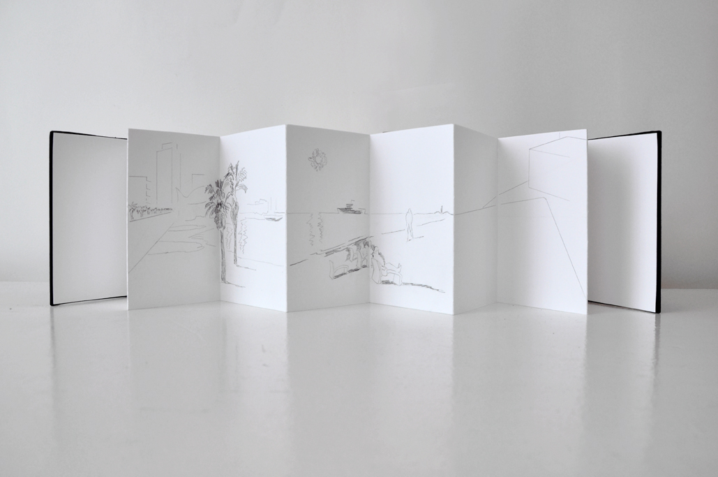 journey 4, Bleistift auf Papier, 6-seitig auf 10-seitigem Leporello (15 x 98 cm / geschlossen 15 x 10 cm), 2014