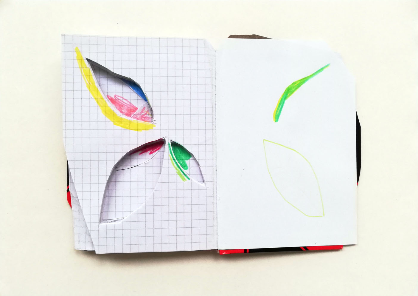 THE ABSTRACT GARDEN, 14,6 x 20,4 cm / closed14,6 x 10,2 cm, pencil, colored crayon in cut, collaged, glued chinese notebook, 2022/23